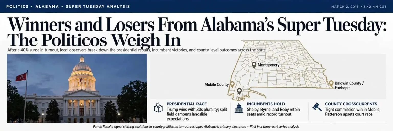Illustration for the news story: Winners and Losers From Alabama’s Super Tuesday: The Politicos Weigh In