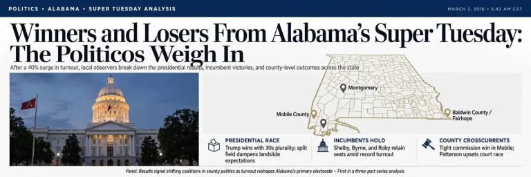 Illustration for the news story: Winners and Losers From Alabama’s Super Tuesday: The Politicos Weigh In