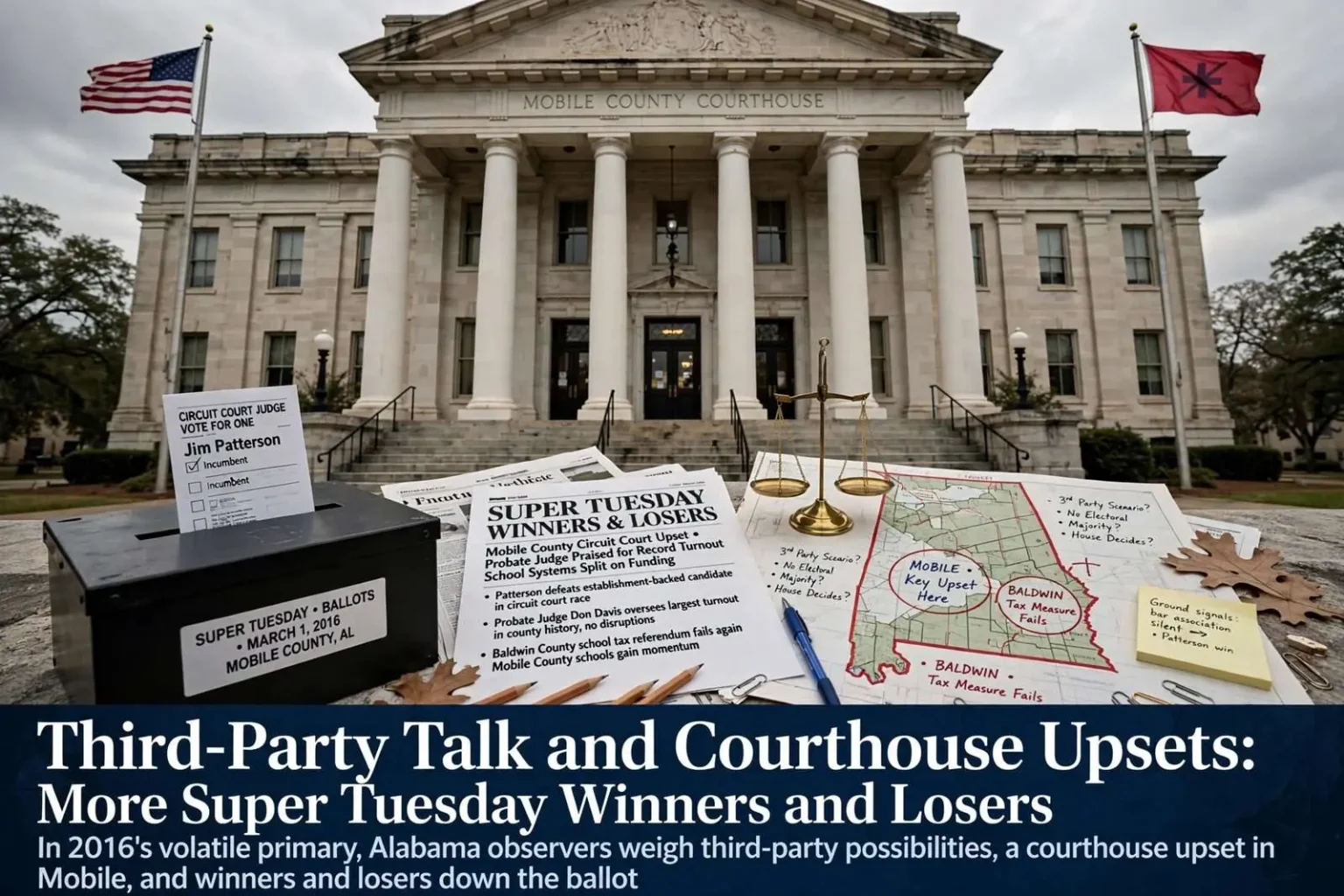 Illustration for the news story: Third-Party Talk and Courthouse Upsets: More Super Tuesday Winners and Losers