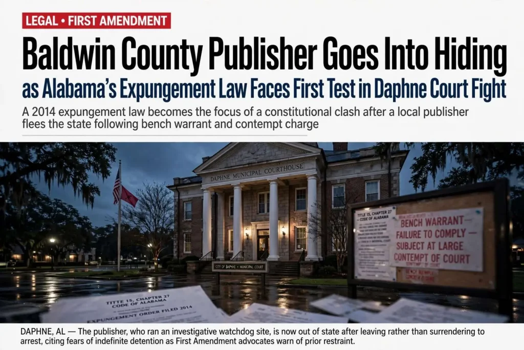 Illustration for the news story: Baldwin County Publisher Goes Into Hiding as Alabama’s Expungement Law Faces First Test in Daphne Court Fight