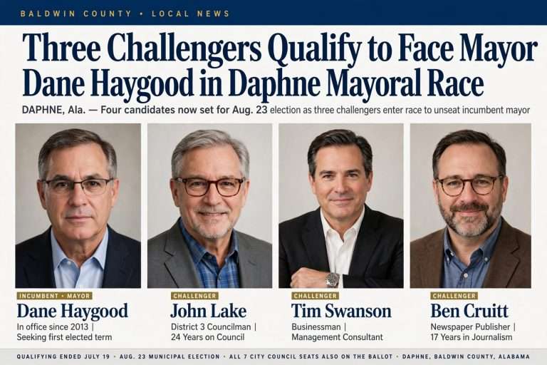 Illustration for the news story: Three Challengers Qualify to Face Mayor Dane Haygood in Daphne Mayoral Race