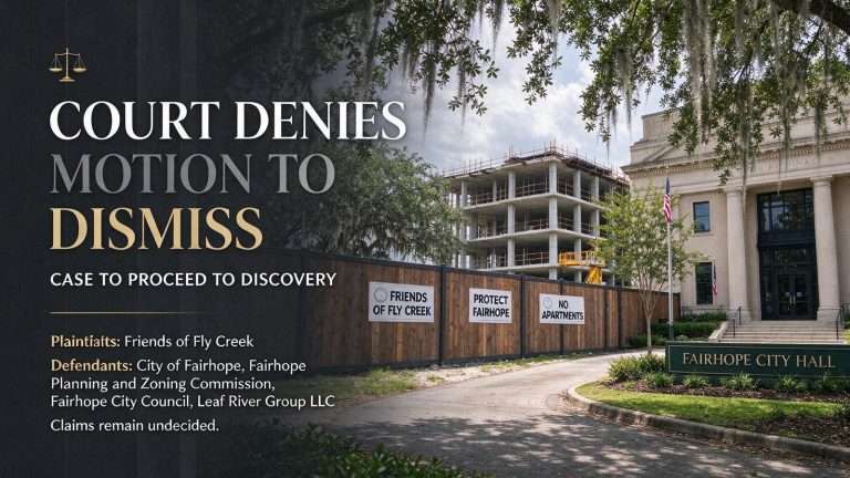 Illustration for the news story: Court Denies Motion to Dismiss Fly Creek Apartments Lawsuit Against Fairhope, Developer