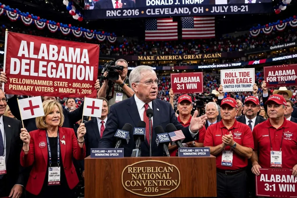 Illustration for the news story: How Alabama’s Bet on Trump Paid Off at the Republican National Convention