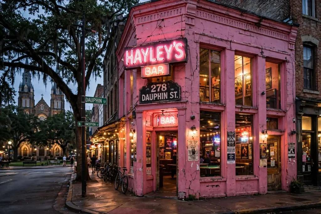 Illustration for the news story: Borland on Bars: Hayley’s, Mobile’s Favorite Pink Dive Bar on Dauphin Street