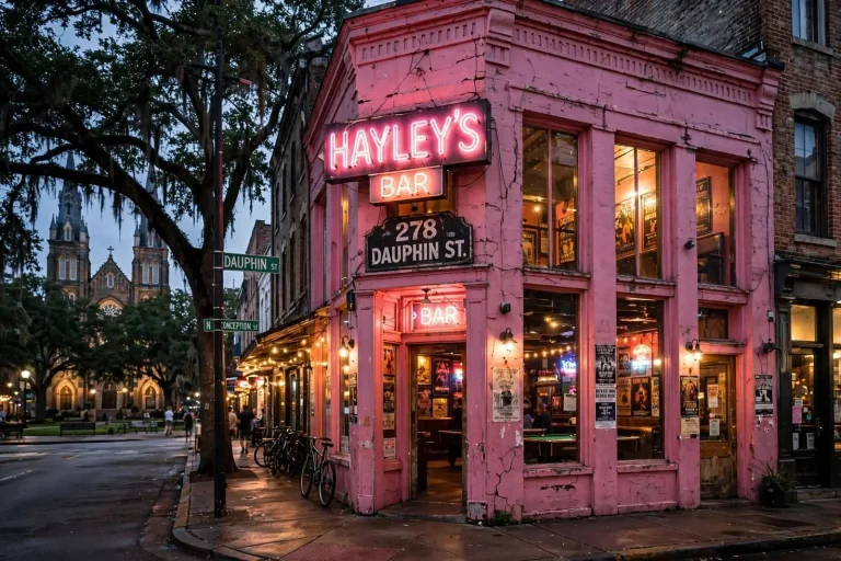 Illustration for the news story: Borland on Bars: Hayley’s, Mobile’s Favorite Pink Dive Bar on Dauphin Street