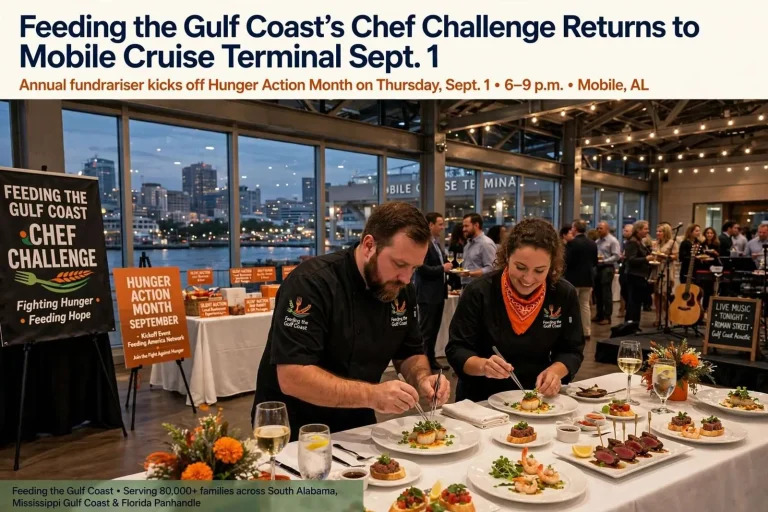 Illustration for the news story: Feeding the Gulf Coast’s Chef Challenge Returns to Mobile Cruise Terminal Sept. 1