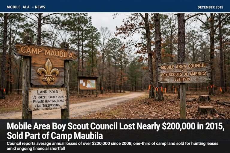 Illustration for the news story: Mobile Area Boy Scout Council Lost Nearly $200,000 in 2015, Sold Part of Camp Maubila