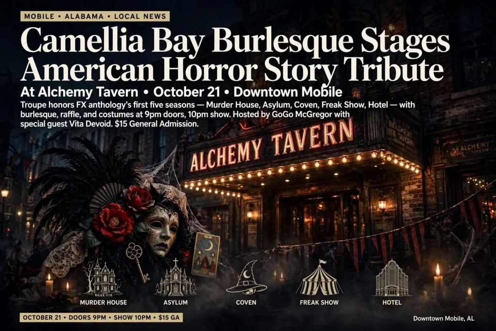 Illustration for the news story: Camellia Bay Burlesque Stages American Horror Story Tribute at Alchemy Tavern October 21