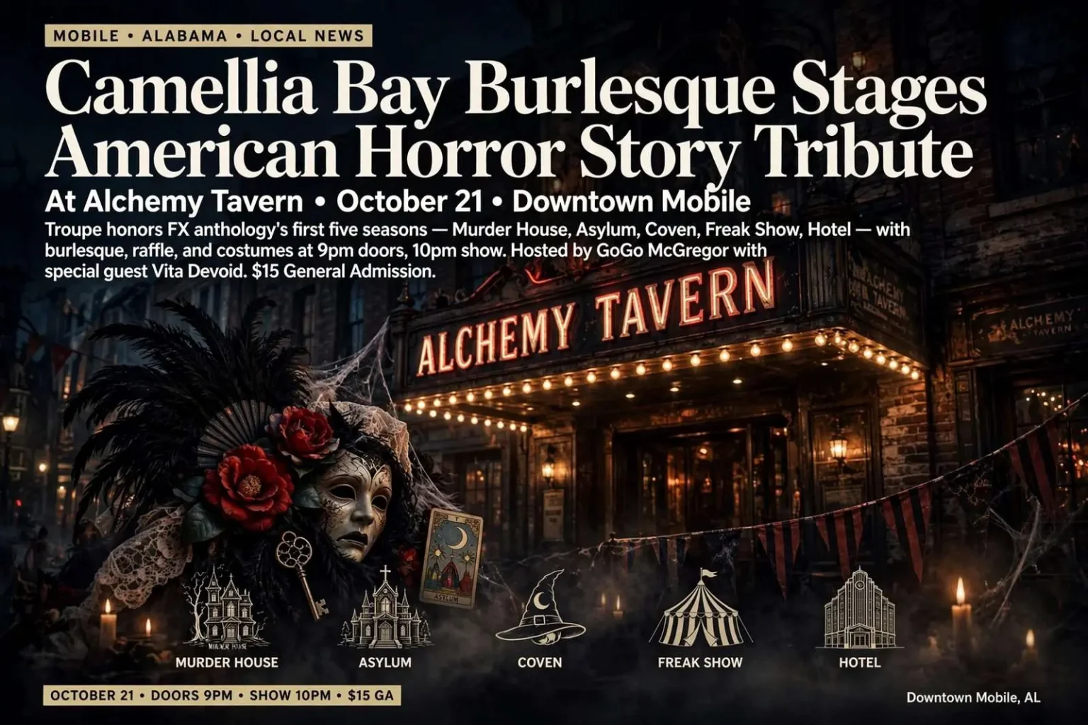 Illustration for the news story: Camellia Bay Burlesque Stages American Horror Story Tribute at Alchemy Tavern October 21