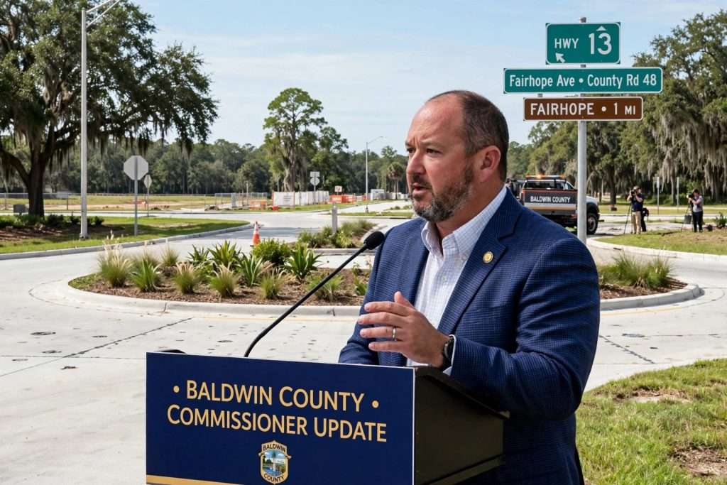 Illustration for the news story: Commissioner Chris Elliott Addresses Gas Station Rumors at New Fairhope Roundabout
