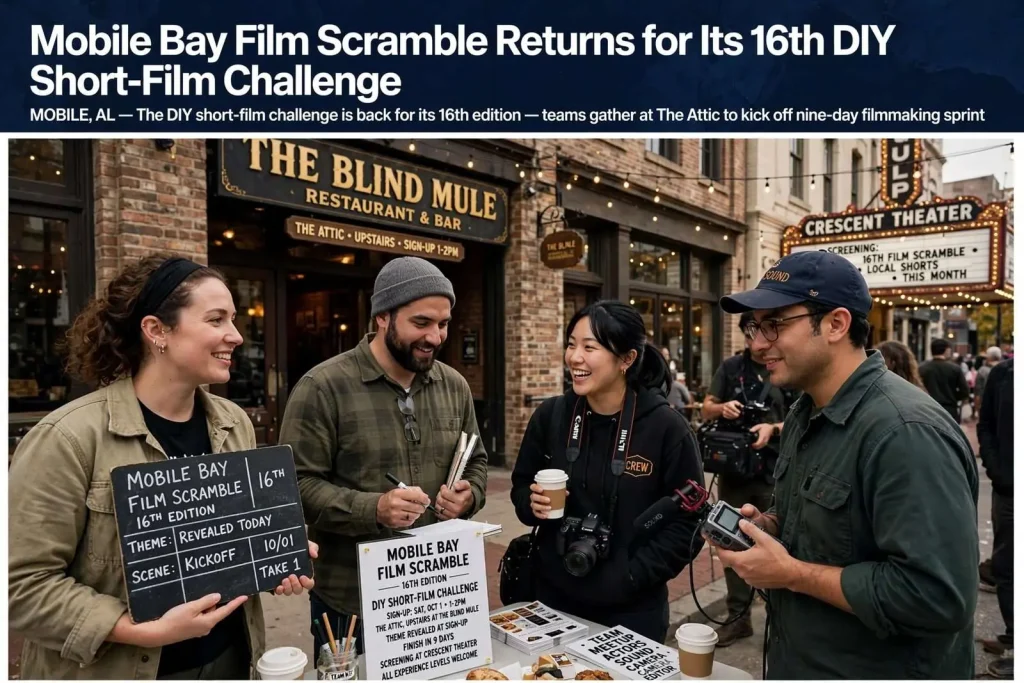 Illustration for the news story: Mobile Bay Film Scramble Returns for Its 16th DIY Short-Film Challenge