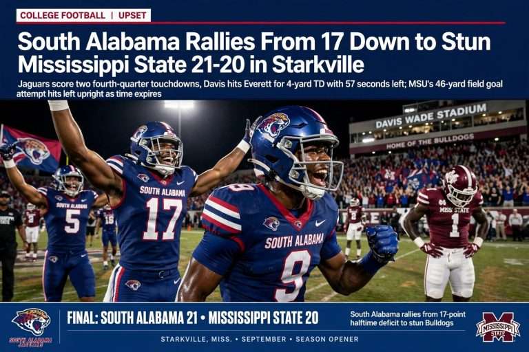 Illustration for the news story: South Alabama Rallies From 17 Down to Stun Mississippi State 21-20 in Starkville