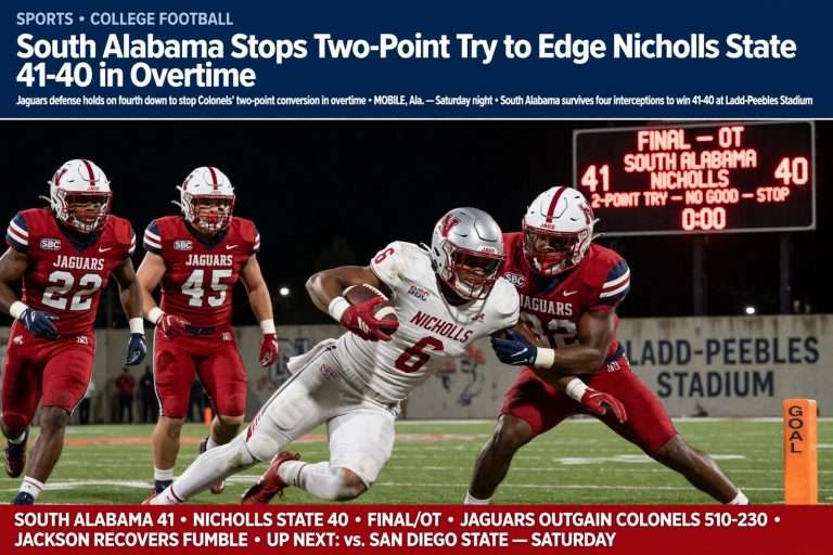 Illustration for the news story: South Alabama Stops Two-Point Try to Edge Nicholls State 41-40 in Overtime
