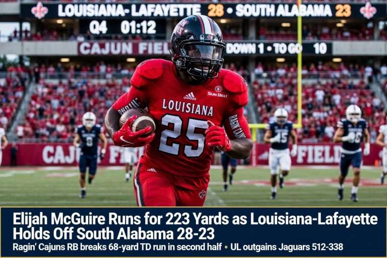 Illustration for the news story: Elijah McGuire Runs for 223 Yards as Louisiana-Lafayette Holds Off South Alabama 28-23