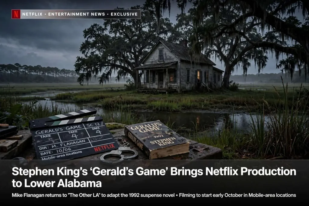 Illustration for the news story: Stephen King’s ‘Gerald’s Game’ Brings Netflix Production to Lower Alabama