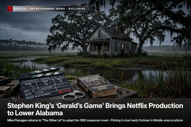 Illustration for the news story: Stephen King’s ‘Gerald’s Game’ Brings Netflix Production to Lower Alabama