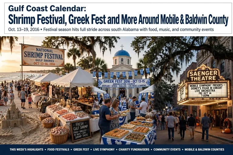 Illustration for the news story: Gulf Coast Calendar: Shrimp Festival, Greek Fest and More Around Mobile and Baldwin County Oct. 13-19, 2016