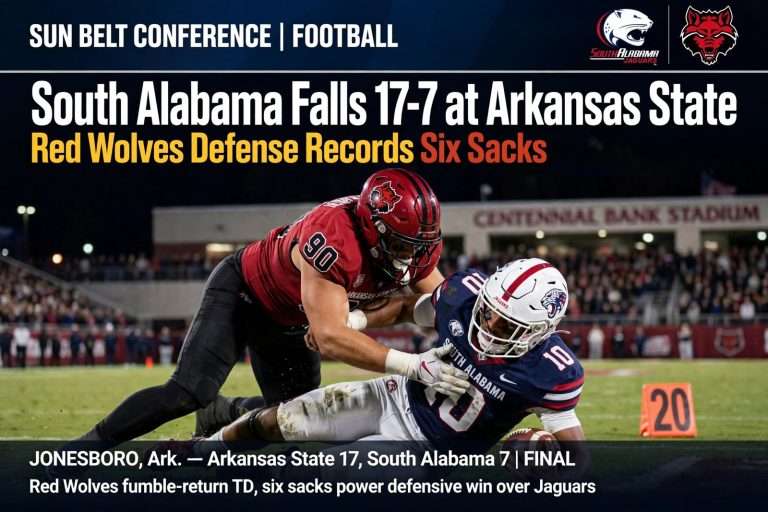 Illustration for the news story: South Alabama Falls 17-7 at Arkansas State as Red Wolves Defense Records Six Sacks