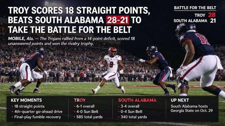 Illustration for the news story: Troy Scores 18 Straight Points, Beats South Alabama 28-21 to Take the Battle for the Belt