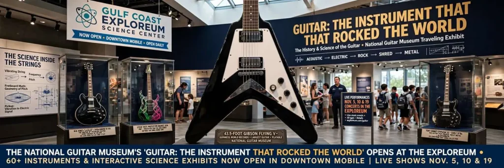 Illustration for the news story: The National Guitar Museum’s ‘Guitar: The Instrument That Rocked The World’ Opens at the Exploreum