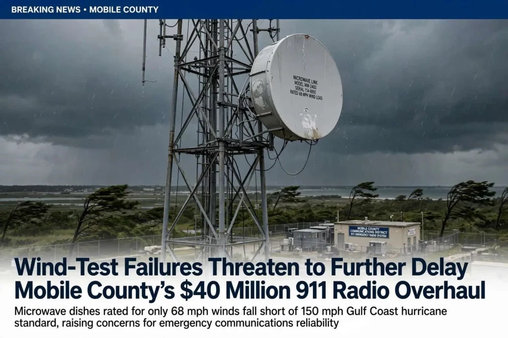 Illustration for the news story: Wind-Test Failures Threaten to Further Delay Mobile County’s $40 Million 911 Radio Overhaul