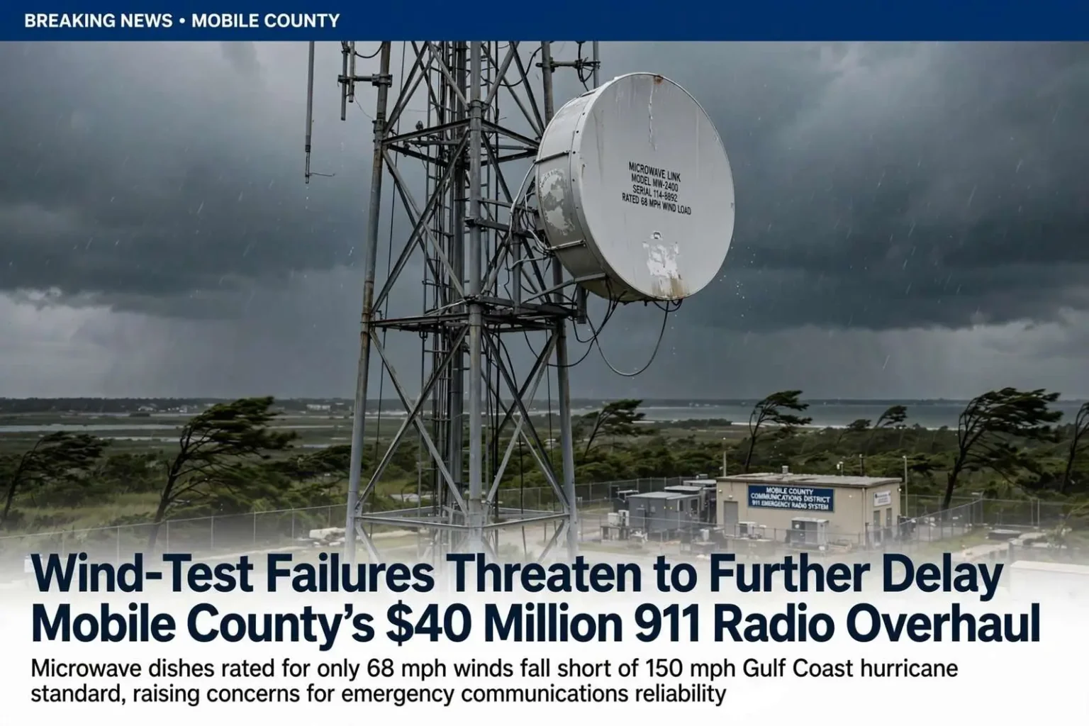 Illustration for the news story: Wind-Test Failures Threaten to Further Delay Mobile County’s $40 Million 911 Radio Overhaul