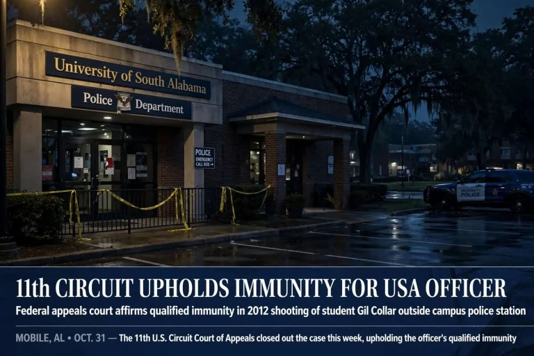 Illustration for the news story: 11th Circuit Upholds Immunity for USA Officer in 2012 Shooting of Student Gil Collar