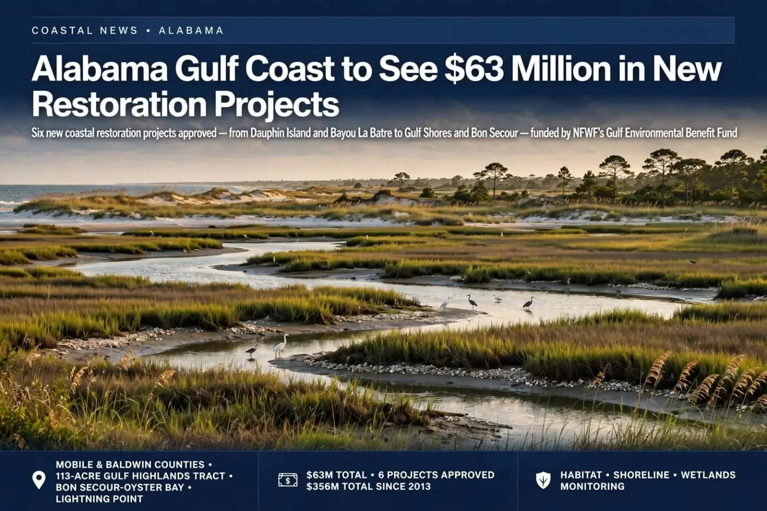Illustration for the news story: Alabama Gulf Coast to See $63 Million in New Restoration Projects
