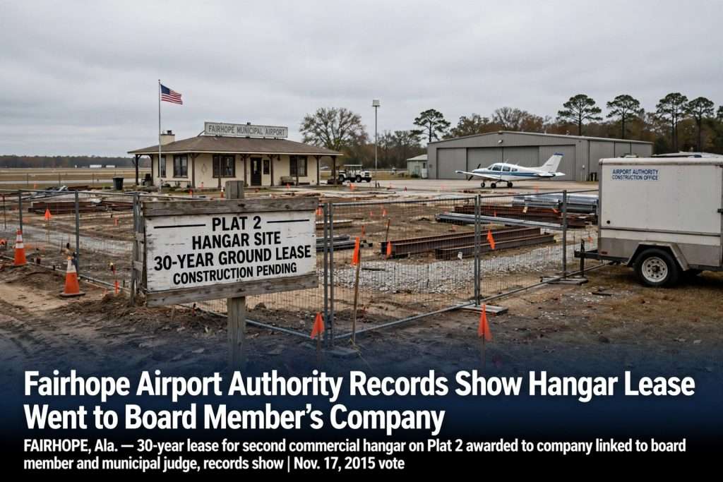 Illustration for the news story: Fairhope Airport Authority Records Show Hangar Lease Went to Board Member’s Company