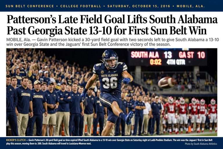 Illustration for the news story: Patterson’s Late Field Goal Lifts South Alabama Past Georgia State 13-10 for First Sun Belt Win