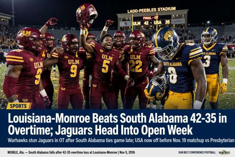 Illustration for the news story: Louisiana-Monroe Beats South Alabama 42-35 in Overtime; Jaguars Head Into Open Week