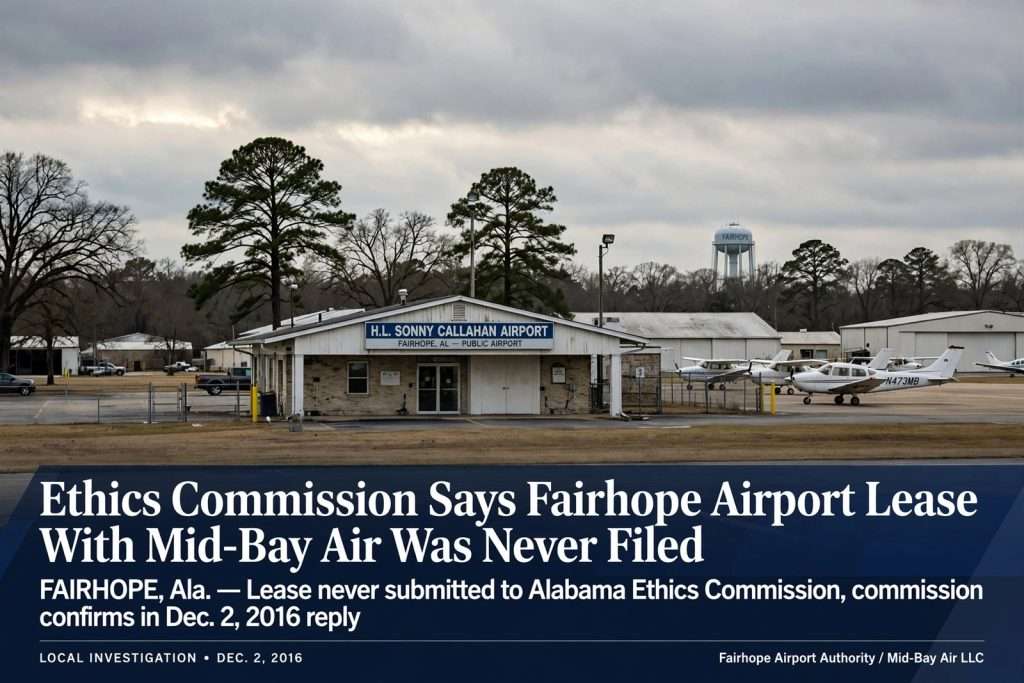 Illustration for the news story: Ethics Commission Says Fairhope Airport Lease With Mid-Bay Air Was Never Filed