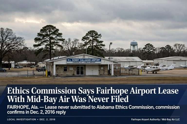 Illustration for the news story: Ethics Commission Says Fairhope Airport Lease With Mid-Bay Air Was Never Filed