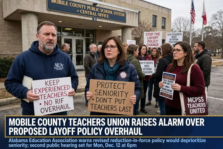 Illustration for the news story: Mobile County Teachers Union Raises Alarm Over Proposed Layoff Policy Overhaul