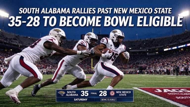 Illustration for the news story: South Alabama Rallies Past New Mexico State 35-28 to Become Bowl Eligible