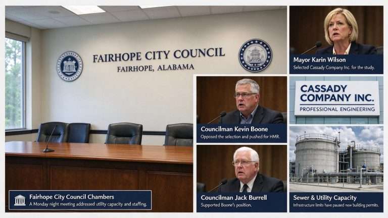 Illustration for the news story: Fairhope Council Members Oppose Mayor Wilson’s Pick of Engineering Firm for Utility Capacity Study