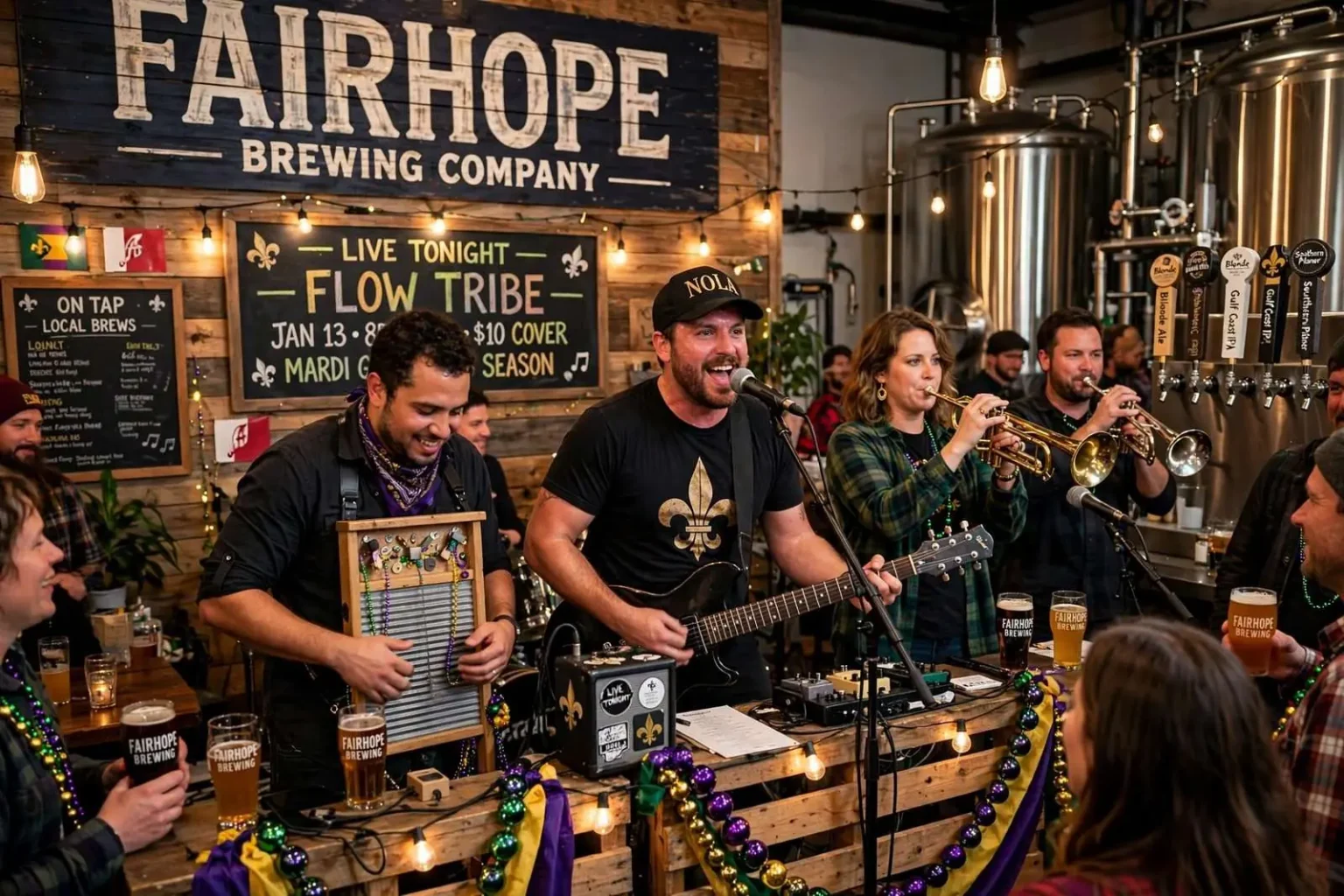 Illustration for the news story: Flow Tribe brings its NOLA energy to Fairhope Brewing Company ahead of Mardi Gras