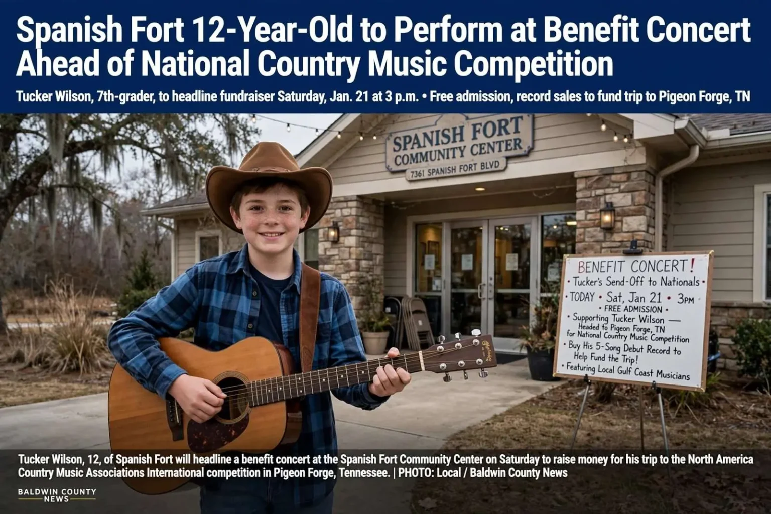 Illustration for the news story: Spanish Fort 12-Year-Old to Perform at Benefit Concert Ahead of National Country Music Competition