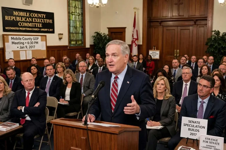 Illustration for the news story: Strange Courts Mobile County GOP as Senate Speculation Builds