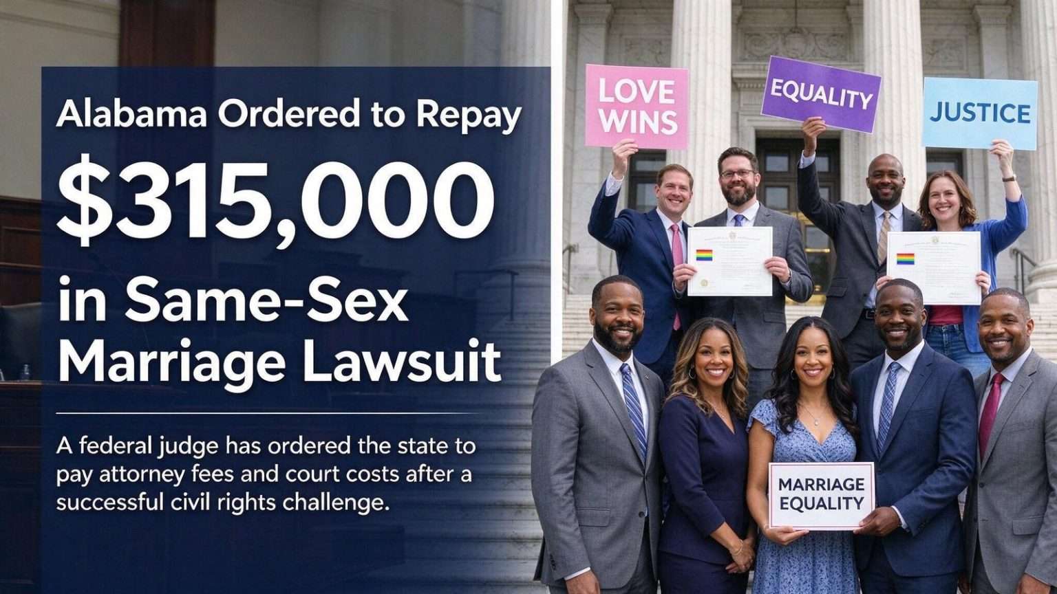 Illustration for the news story: Alabama Ordered to Repay $315,000 in Same-Sex Marriage Lawsuit
