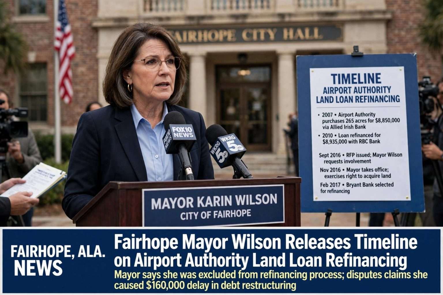 Illustration for the news story: Fairhope Mayor Wilson Releases Timeline on Airport Authority Land Loan Refinancing