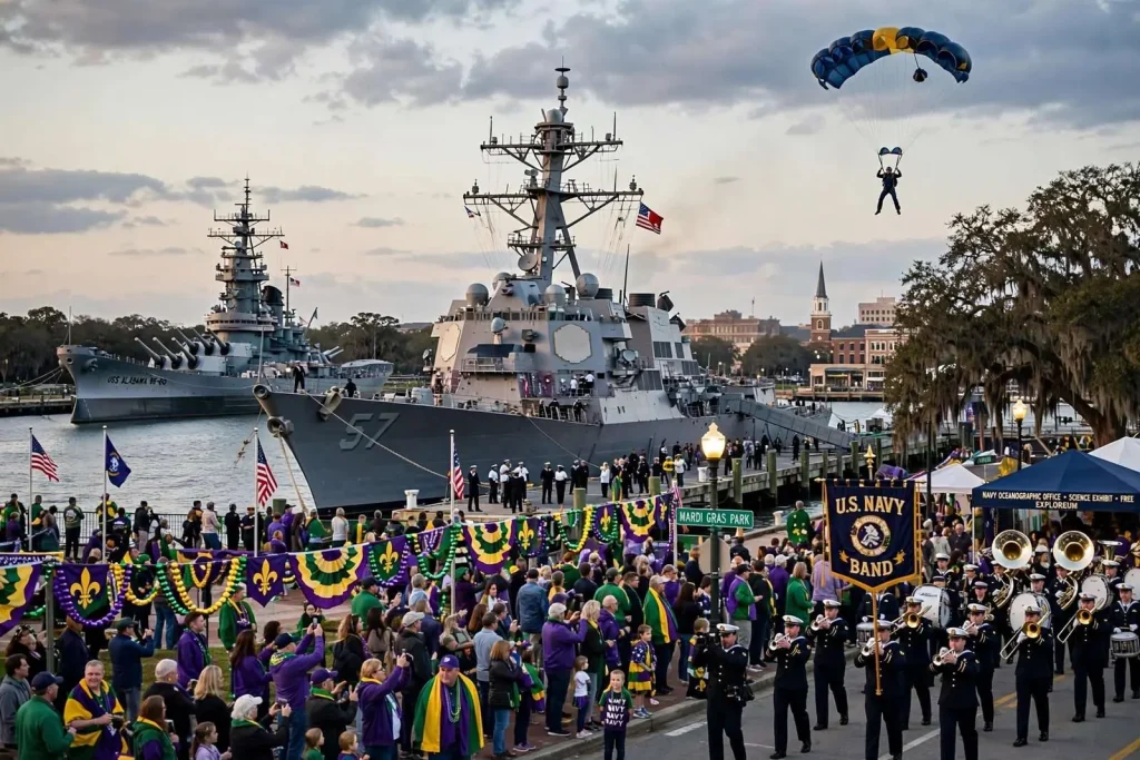 Illustration for the news story: Mobile Rolls Out Red Carpet for Navy Week, with Ship Tours, Parades and Parachute Jump on Schedule