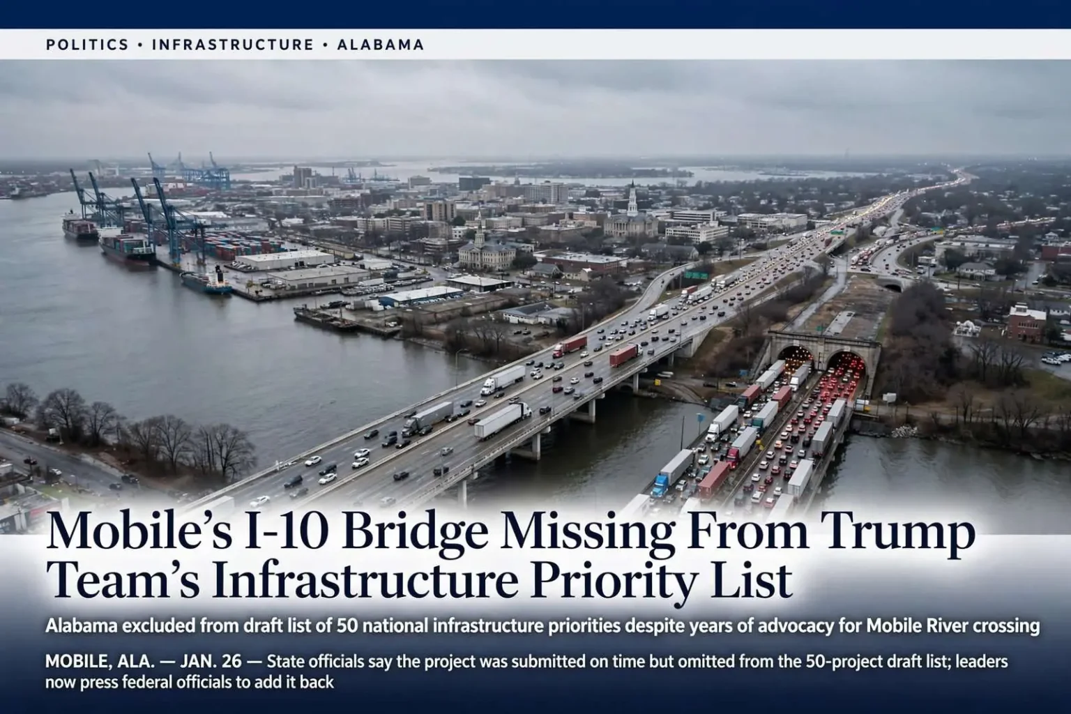 Illustration for the news story: Mobile’s I-10 Bridge Missing From Trump Team’s Infrastructure Priority List
