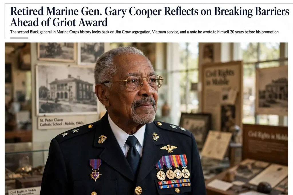 Illustration for the news story: Retired Marine Gen. Gary Cooper Reflects on Breaking Barriers Ahead of Griot Award