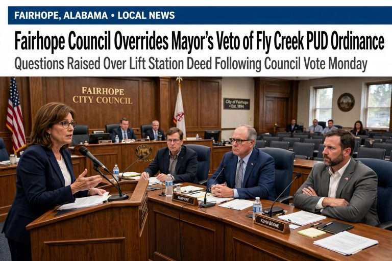 Illustration for the news story: Fairhope Council Overrides Mayor’s Veto of Fly Creek PUD Ordinance; Questions Raised Over Lift Station Deed
