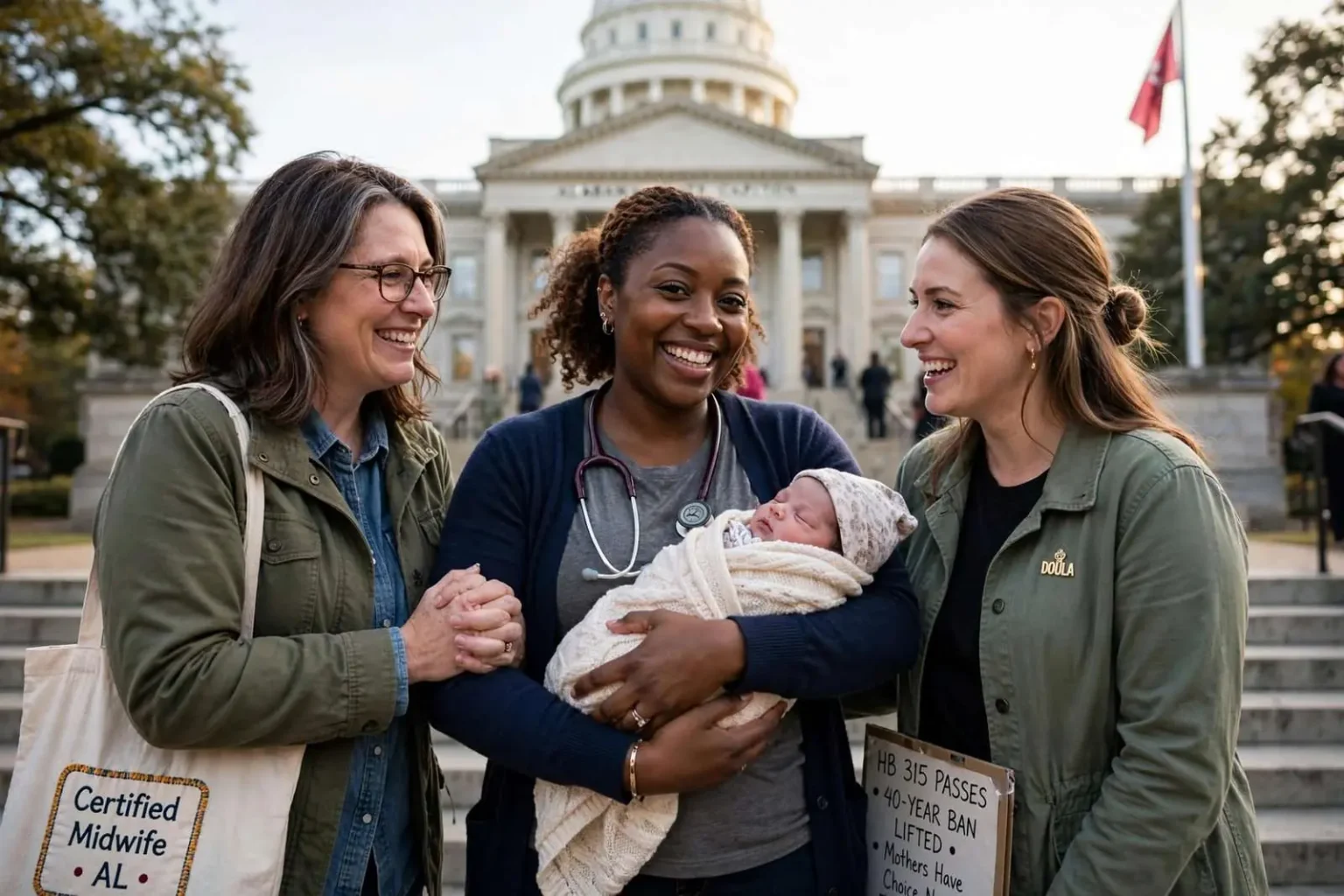 Illustration for the news story: Alabama midwives win victory as governor ends 40-year ban