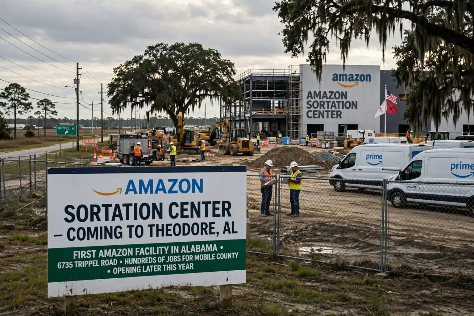 Illustration for the news story: Amazon Confirms First Alabama Facility: Sortation Center Coming to Theodore