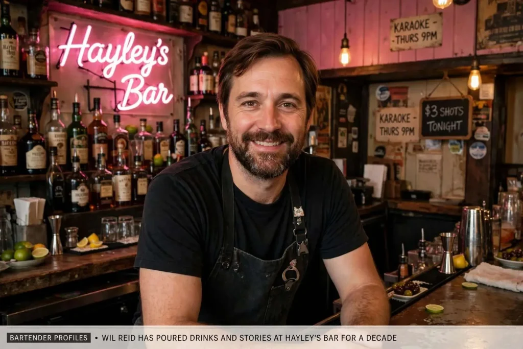 Illustration for the news story: Bartender Profiles: Wil Reid has poured drinks and stories at Hayley’s Bar for a decade