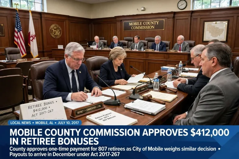 Illustration for the news story: Mobile County Commission Approves $412,000 in Retiree Bonuses as City Weighs Its Own Decision