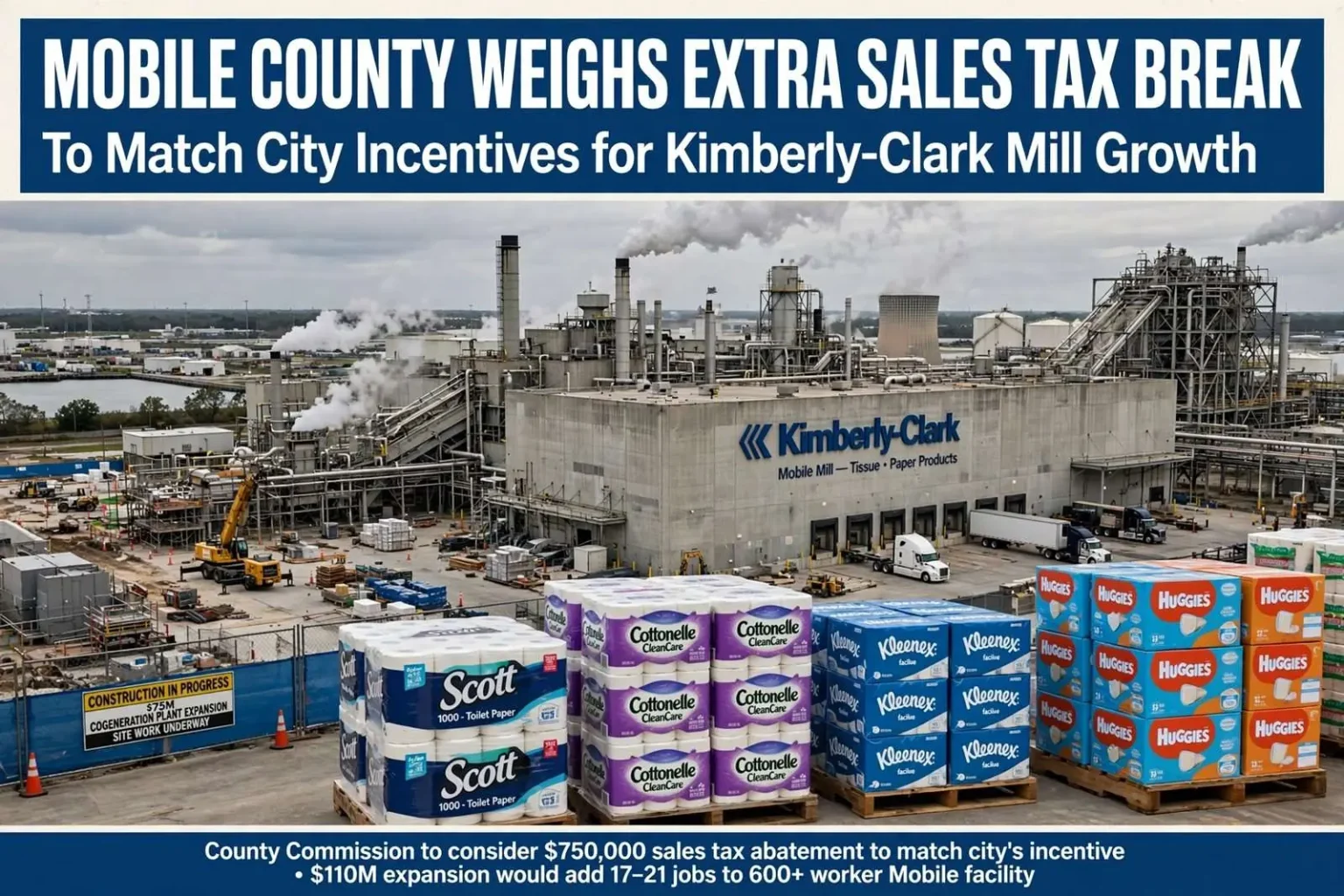 Illustration for the news story: Mobile County Weighs Extra Sales Tax Break to Match City Incentives for Kimberly-Clark Mill Growth
